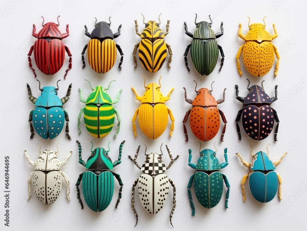 Poster a group of colorful bugs sitting on top of a white surface. generative ai.