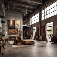 Artistic Industrial Loft: Blending industrial elements with creative art installations, making the space feel like a gallery within a loft. AI Generated