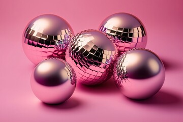 Shiny Christmas baubles in the shape of disco balls placed on pink generated by AI