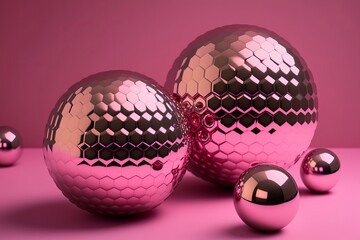 Shiny Christmas baubles in the shape of disco balls placed on pink generated by AI