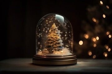 Christmas Tree In Snow Globe On Snow With Golden Lights generated by AI