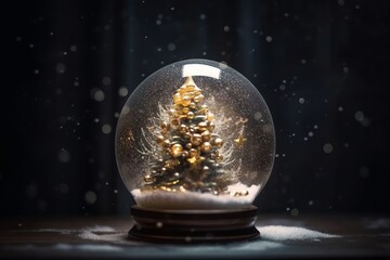 Fototapeta na wymiar Christmas Tree In Snow Globe On Snow With Golden Lights generated by AI
