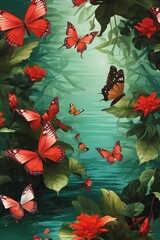 Fluttering Elegance Wallpaper Illustration Featuring Red Butterflies, Leaves, and a Tranquil Green Water Background