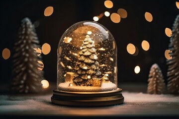 Shiny Christmas Tree In Snow Globe On Snow With Golden Lights generated by AI