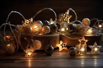 Vintage Christmas decoration with stars and lights on a wooden generated by AI