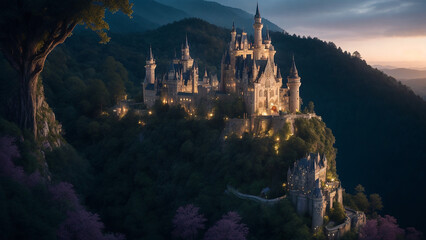 Magnificent and enchanting fairy-tale castle perched on a hilltop, surrounded by lush gardens - AI Generative