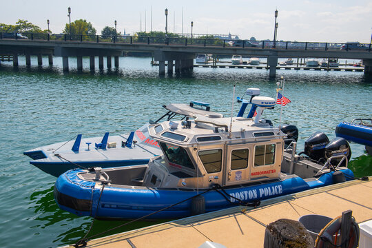 Boston Police boat at Boston Cruise Port in Seaport District, city of Boston, Massachusetts MA, USA. 