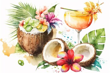 Watercolor tropical illustration - bright cocktails coconut generated by AI - obrazy, fototapety, plakaty
