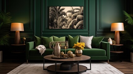 Create a simulated dark green living room with an ethnic themed poster frame, rendered in 3D.