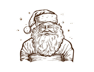 Portrait of a cute Santa in a Christmas hat and a wide belt. Vector black and white illustration in sketch style isolated on white background. Coloring book, flat design