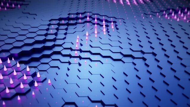 Abstract hexagon geometric surface with neon pink elements in dynamic motion