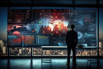 a man standing in front of a big futuristic display examining data information analytics chart