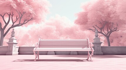 Monochrome light pink park bench and plants. Light background for web page, presentation or picture frame backgrounds. .