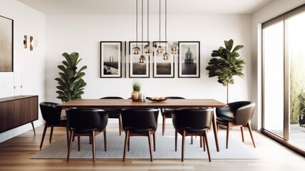 Interior design inspiration of Mid-Century Modern Scandinavian style home dining room loveliness decorated with Wood and Leather material and Statement Chandelier .Generative AI home interior design .