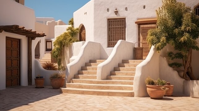 Egyptian street in Sharm El Sheikh with stairs and white house wall, architectural idea