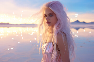 A surreal portrait of a glowing girl in an alien world, standing among the sand and water with her long hair flowing in the sunset light, captivating fashion with her ethereal beauty