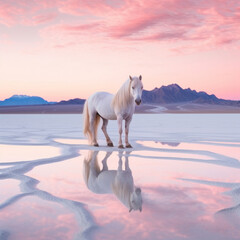 Against a backdrop of majestic mountains illuminated by an alien neon sunset, a futuristic winter horse stands proudly, embodying the beauty and mystery of the wild outdoors