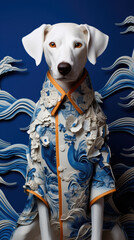 Fashion photo. A white dog wearing a blue and orange shirt. Generative AI.
