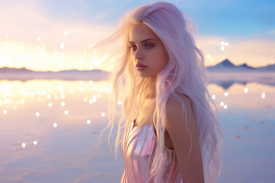 A surreal portrait of a glowing girl in an alien world, standing among the sand and water with her long hair flowing in the sunset light, captivating fashion with her ethereal beauty
