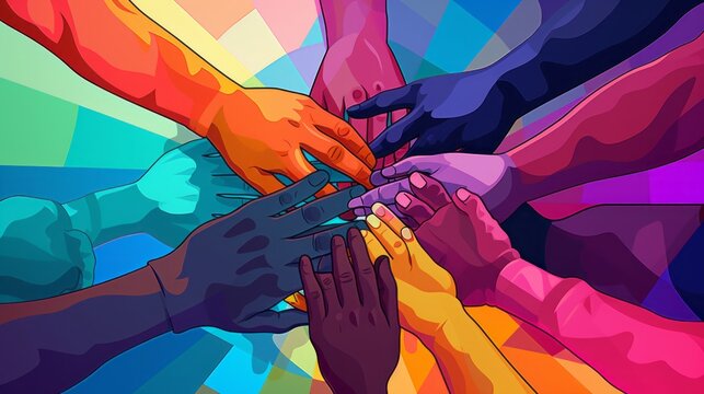 group of hands together to show equality and unity between genders and ethnicities