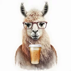 Foto op Plexiglas illustration of a llama or alpaca drinking a pumpkin spice latte coffee to go during fall season. © Visivo