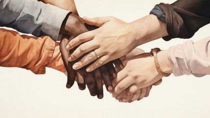 group of hands together to show equality and unity between genders and ethnicities