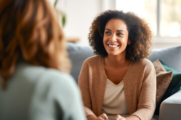 An African American female counselor demonstrating empathy during a breakthrough session with a client, highlighting the importance of mental health support and therapeutic communication - obrazy, fototapety, plakaty
