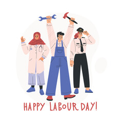 Obraz premium Labour Day with Happy Man and Woman of Different Profession in Uniform Vector Illustration