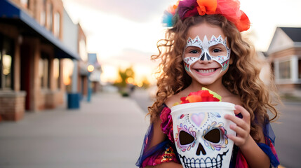 Latin girl celebrating Day of the Dead, face made up of a Mexican skull.