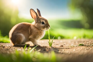 Naklejka na ściany i meble Baby rabbit eating grass outdoor on sunny summer day. Easter bunny in garden. 