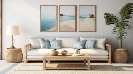 coastal boho living room with mockup frame.