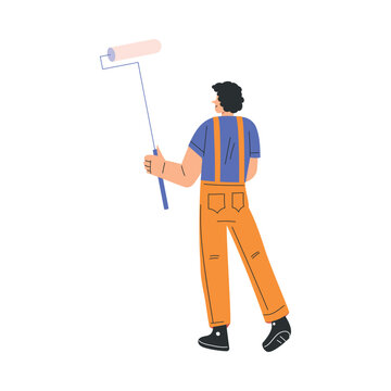 Labour Day with Happy Man Color Wall with Paint Roller Vector Illustration