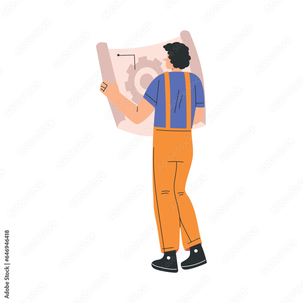 Poster labour day with man engineer character in orange overalls standing with paper draft vector illustrat