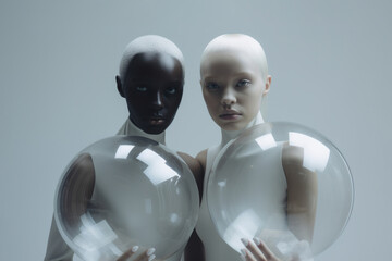 Creative portrait of two models with white hair and transparent glass spheres in their hands. Futuristic fashion style