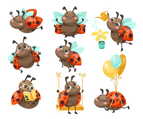 Cute Ladybug Character with Spotted Wings Vector Set
