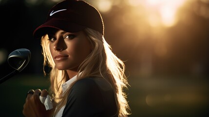 Beautiful woman golf player. Generative AI
