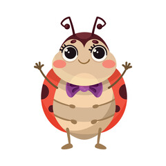 Cute Ladybug Character with Spotted Wings Standing Wear Bow Tie Vector Illustration