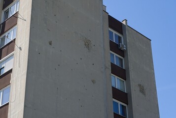 Travnik, Bosnia and Herzegovina - Sep 10, 2023: Signs of bosnian war. A walking in the center of Travnik city in Bosnia and Herzegovina federation in a sunny summer morning. Selective focus.