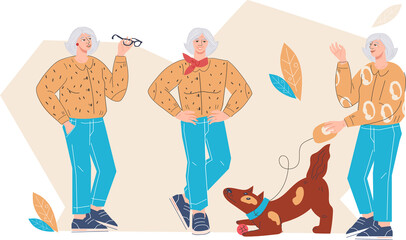 Senior elderly woman daily activities banner.  Elderly, well-dressed beautiful woman performing daily routine activities.