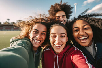Happy diverse friends taking selfie on smartphone on sports ground