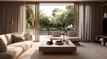 Render of a 3D living room with outdoor terrace and nature view, adorned with brown fabric sofa. Open folding doors and swaying curtains bring in a gentle breeze.