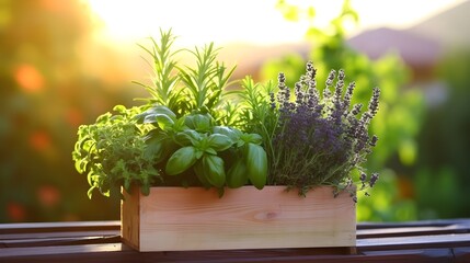 Close up organic green fresh aromatic herbs in a wooden container. Summer bright background.