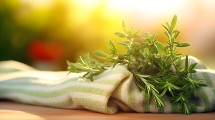 Close up organic green fresh aromatic herbs on a table. Summer bright rustic background.