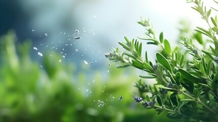 Green aromatic herbs flying in the air, selective focus, white background - obrazy, fototapety, plakaty