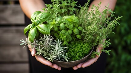 Green aromatic herbs in hands. - obrazy, fototapety, plakaty