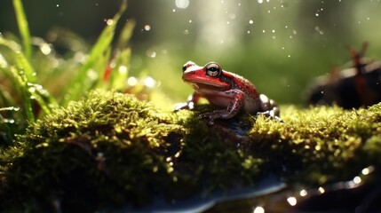 photo of a frog, macro photography , stream of fresh water, young green plant, outdoor springtime. beautiful Generative AI AIG32