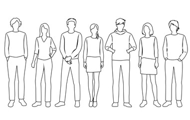 Vector silhouettes of  men and a women, a group of standing  business people,  linear sketch, black and white color isolated on white background