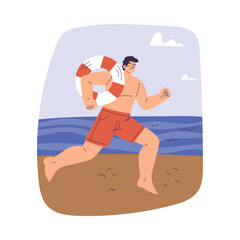 Man Beach Lifeguard Character Running Fast with Lifebuoy Vector Illustration