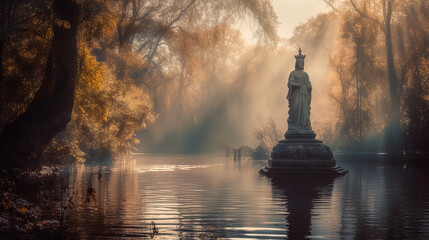 Image generated with AI. Statue by a lake representing the Lady of the Lake
