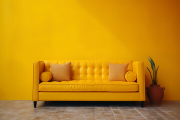 realist photo high quality, yellow colored couch in front of a yellow wall